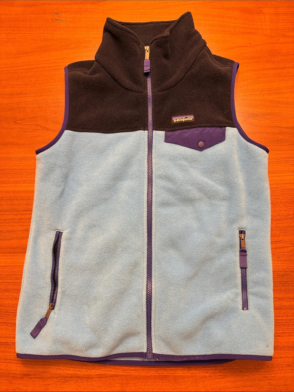 Patagonia Light Blue and Black Fleece Vest with Purple Trim